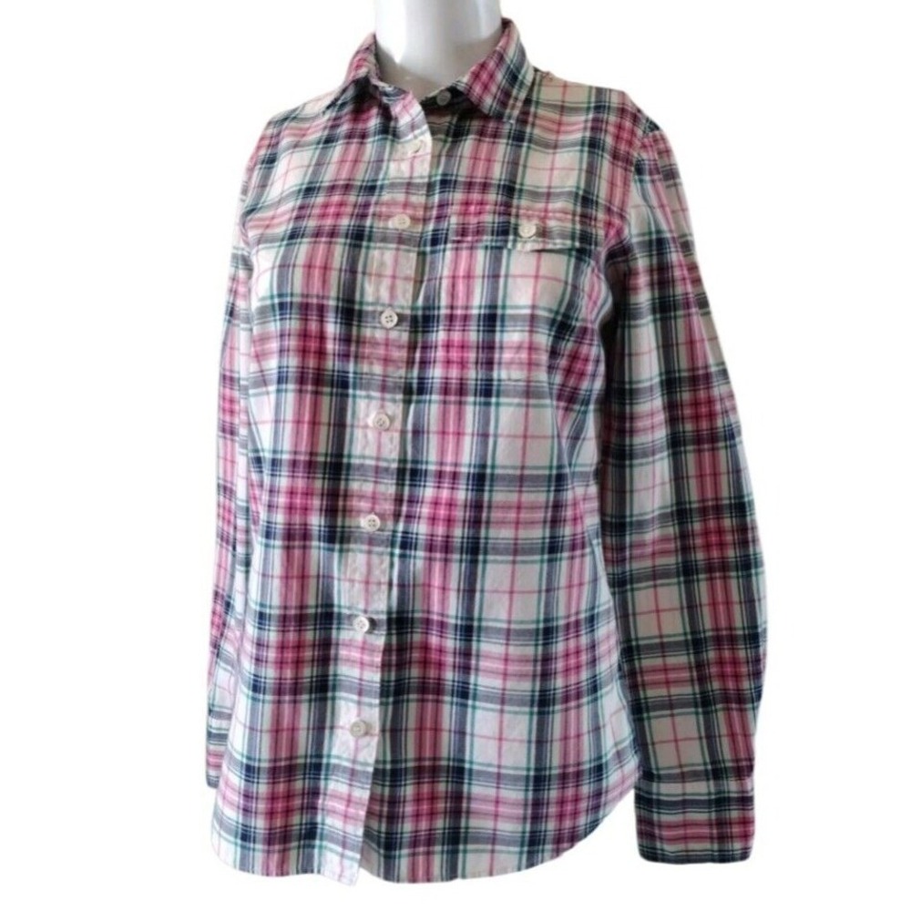 J. Crew Button Up Shirt Women 0 Pink Multicolor Plaid Western Casual Long Sleeve